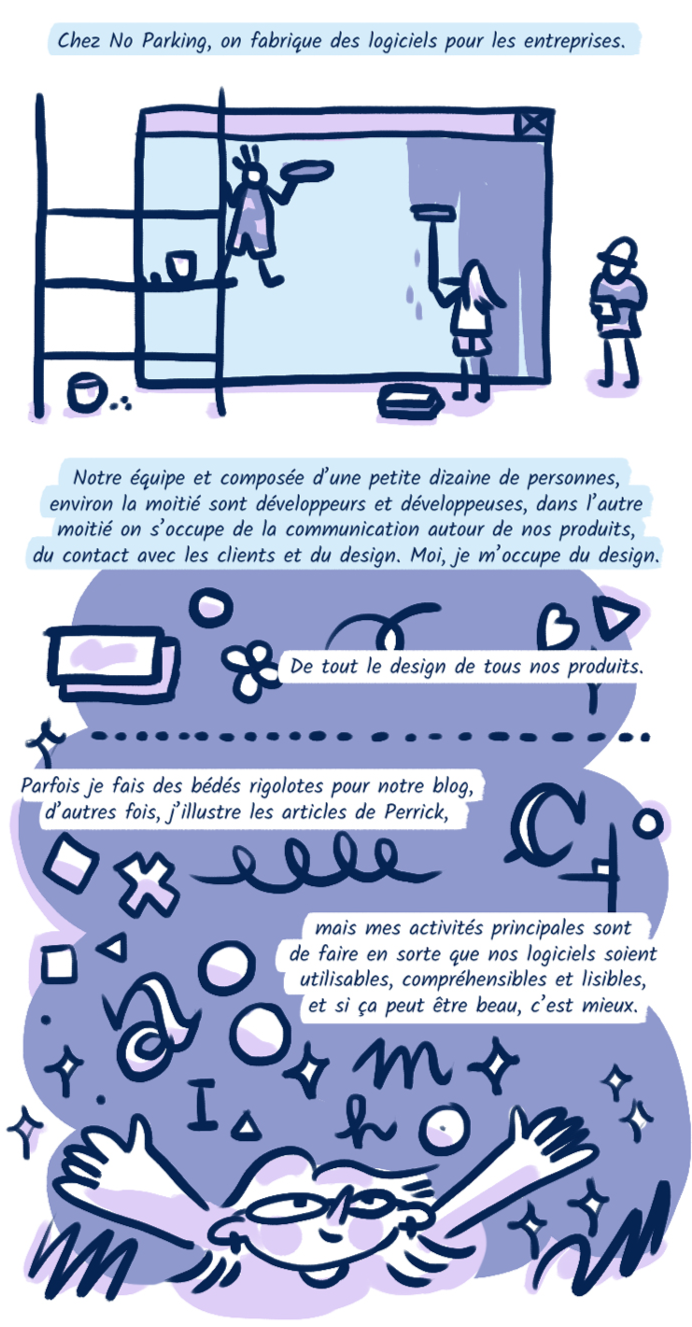 Chez No Parking, on fabrique des logiciels pour les entreprises. Notre équipe et composée d’une petite dizaine de personnes, environ la moitié sont développeurs et développeuses, dans l’autre moitié on s’occupe de la communication autour de nos produits, du contact avec les clients et du design. Moi, je m’occupe du design. De tout le design de tout nos produits. Des fois je fais des bédés rigolotes pour notre blog, d’autres fois, j’illustre les articles de Perrick, mais mes activités principales sont de faire en sorte que nos logiciels soient utilisables, compréhensibles et lisibles, et si ça peut être beau, c’est mieux.