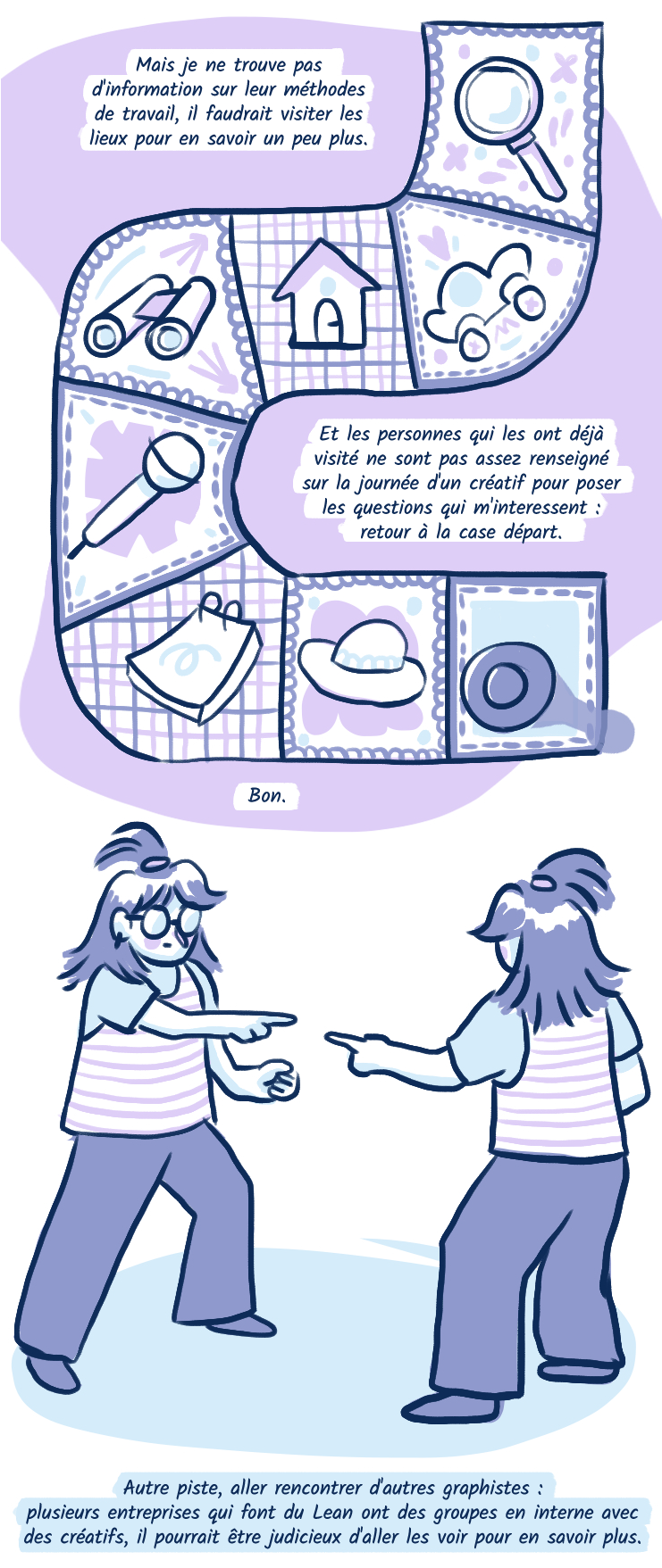 Mais je ne trouve pas d'information sur leur méthodes de travail, il faudrait visiter les lieux pour en savoir un peu plus. Et les personnes qui ont déjà visité les lieux ne sont pas assez renseigné sur la journée d'un créatif pour poser les questions qui m'interessent : retour à la case départ. Bon. Autre piste, aller rencontrer d'autres graphistes : plusieurs entreprises qui font du Lean ont des groupes en interne avec des créatifs, il pourrait être judicieux d'aller les voir pour en savoir plus. 